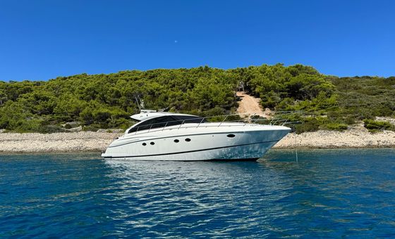  Luxury motor yacht anchored in clear blue water near a rocky shoreline with dense green pine forest under a bright cloudless sky